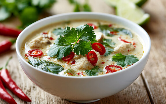 bowl of Thai coconut soup (Tom Kha Gai), garnished with cilantro and chili, coconut milk broth, lime leaves