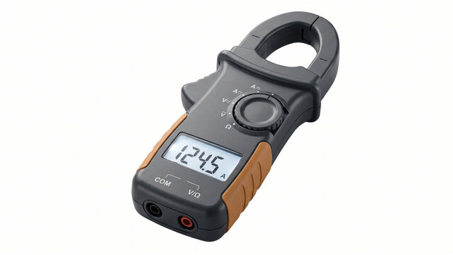 Industrial digital clamp meter current multimeter with LCD screen displaying 124.5 A isolated on pure white background