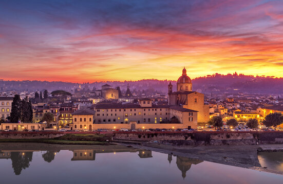 Florence, Italy with  San Frediano in Cestello on the Arno River at dusk 544