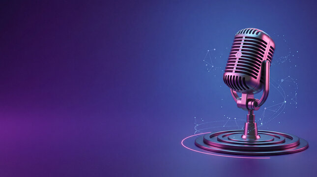 Vintage style professional microphone on a circular base with glowing neon lights and digital network connections on a vibrant purple and blue gradient background for podcasting and media.