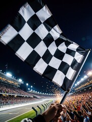 Fototapeta premium Hand waves checkered flag at night motorsport race. Crowd celebrates victory in stadium with golden confetti. Champion wins championship event on track under bright lights. Exciting sports