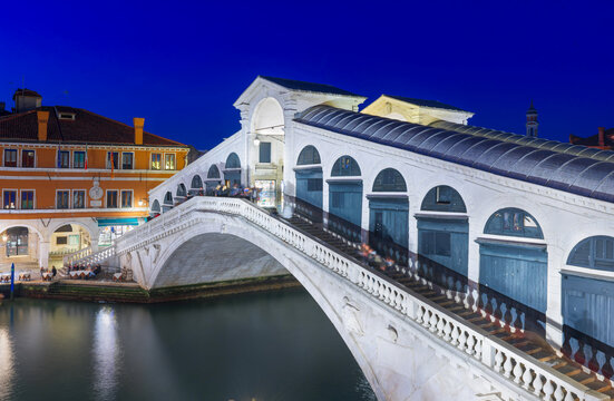 Venice, Italy at the Rialto Bridge over the Grand Canal at blue hour 498