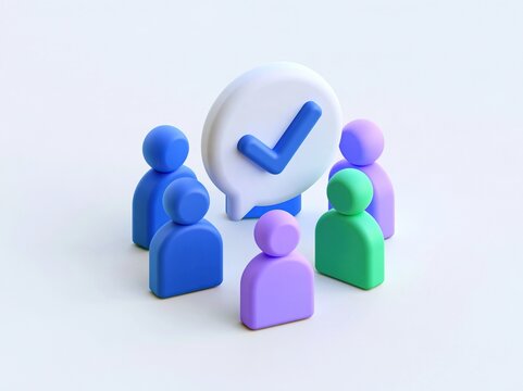 3d rendered colorful group of people icons standing around speech bubble with blue check mark concept of collective team approval and decision