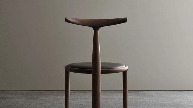 Modern minimalist dark walnut wooden bar stool with black leather round seat against neutral taupe wall contemporary designer furniture piece