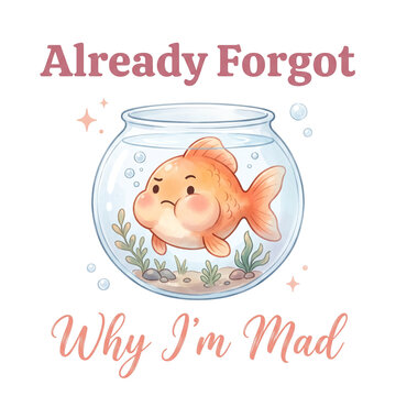 Cute cartoon goldfish with a grumpy expression inside a fishbowl with text Already Forgot Why Im Mad transparent background
