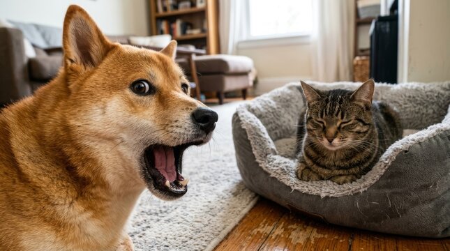 Curious dog reacts near resting cat in cozy indoor space