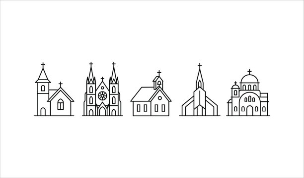 Collection of various christian church buildings and cathedral line icons with line art