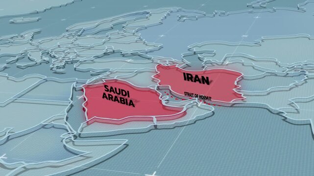 A modern 3D-style political map of the Middle East highlighting countries like Iran, Saudi Arabia, Iran map,