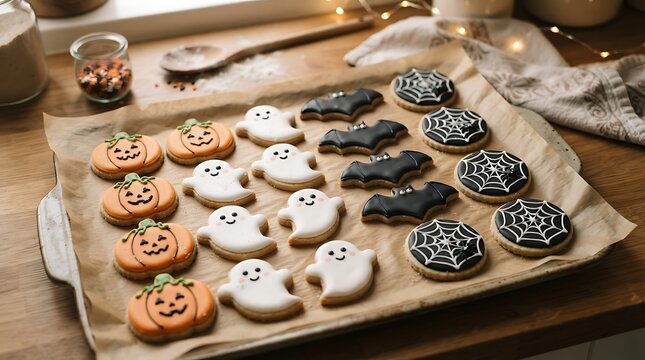 Halloween cookies on a baking sheet with copy space