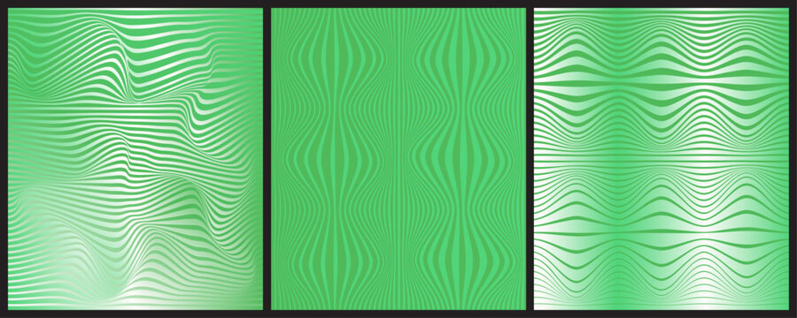 A vibrant triptych of green abstract patterns evokes a sense of modern artistic expression and calm. Vertical and Horizontal linear abstract design template. Abstract Design in 3 diffternt color