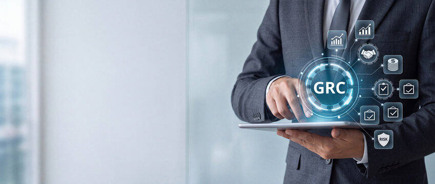 Businessman using digital tablet showing GRC Governance Risk and Compliance concept with virtual hologram icons for corporate strategy, management, and internal control in a modern office setting.