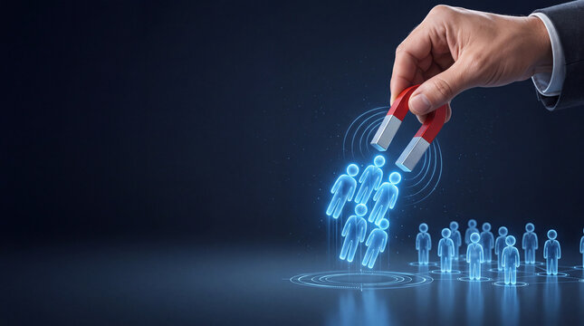 Conceptual image of a businessman holding a horseshoe magnet attracting blue glowing digital human icons representing customer acquisition, talent recruitment, and marketing lead generation.
