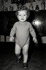 Naklejka na ściany i meble Vintage black, white portrait of cute curly haired toddler boy. Small child learns to walk alone in retro home living room. Happy little boy wears knit romper, small shoes during childhood milestone.