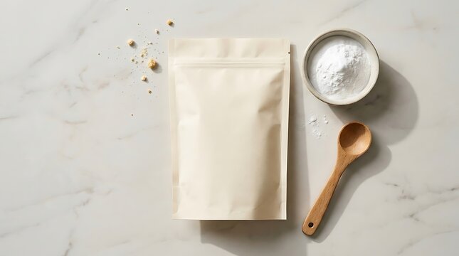 Blank food pouch bag with wooden spoon and a bowl of white powder on a bright marble stone surface. baking soda packaging