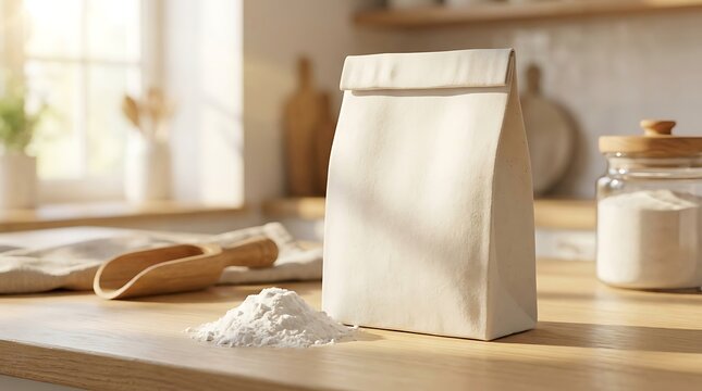 A small white paper bag of flour standing on a wooden kitchen counter with a wooden scoop and powder. baking soda packaging