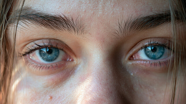 Macro closeup of young woman face with Grave's disease hyperthyroidism symptoms of ophthalmopathy bulging eyes proptosis edema.