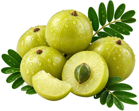 Fresh whole and sliced amla fruits with green leaves and water droplets isolated on a transparent background indian gooseberry green fruit raw food