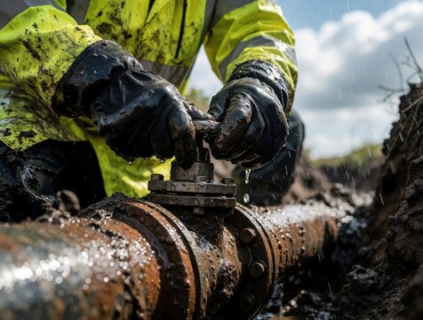 Male worker repairs rusty metal pipe in muddy trench. Pro plumber wears protective gloves, high vis jacket during heavy maintenance task. Dirty technician fixes industrial plumbing system in wet
