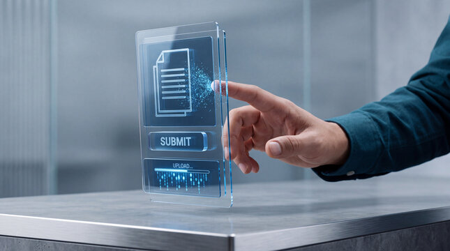 Person interacting with a futuristic holographic screen interface to submit digital documents and upload secure data, concept of automated financial transactions and digital banking technology.