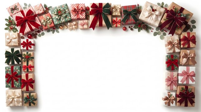 Festive christmas gift box arch border with copy space on a white background