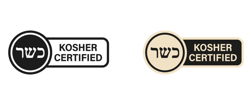 Kosher certified badge vector set, Hebrew kasher certification stamp icon, black and beige food dietary product label emblem