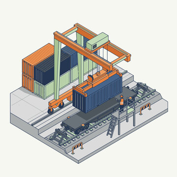 Dynamic Isometric of Industrial Container Loading with Crane Worker and Stacked Shipping Containers