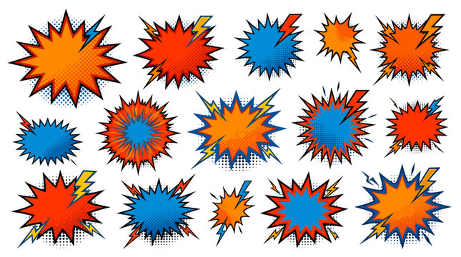 Collection of colorful comic book speech bubbles and starburst explosion shapes with lightning bolts and halftone dot textures, retro pop art style isolated on white background
