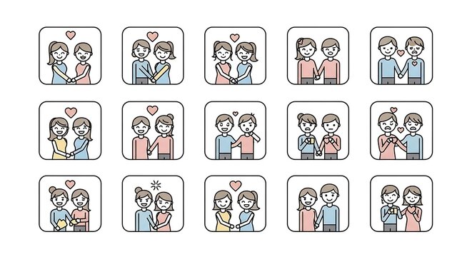 Set of diverse couple icons showing different emotions and relationships in sketch line style