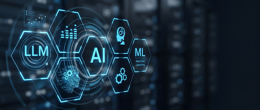 Futuristic artificial intelligence and machine learning concept showing LLM large language model icons and data processing visualization over a dark blurred server room background for tech