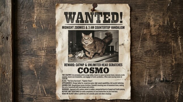 Wanted poster for mischievous tabby cat causing household