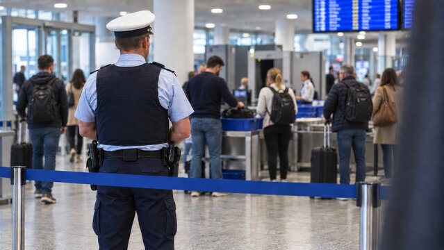 Uniformed airport officer oversees passenger queue at busy security screening area