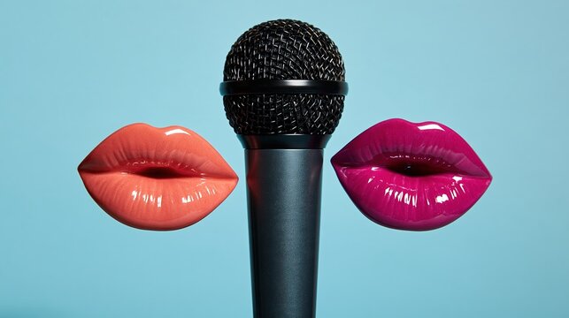 Microphone centered between glossy coral and magenta lip sculptures on blue background