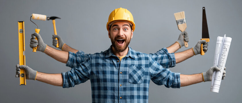 Humorous studio portrait of a smiling multi-armed builder handyman wearing a yellow hardhat and flannel shirt holding various construction tools and blueprints.