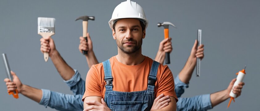 Humorous studio portrait of a multi-armed handyman builder in white hardhat and overalls surrounded by hands holding hammers, paintbrushes, scraper, and sealant gun.