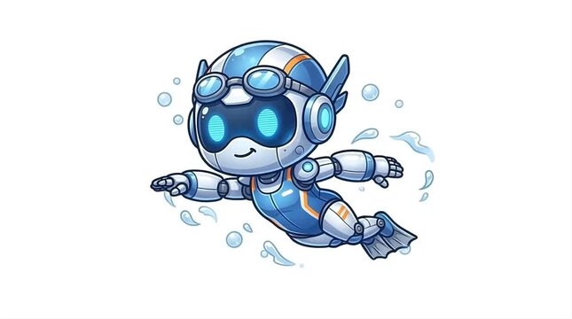 Cute Robot Character Cartoon Animation Swimming Underwater with Bubbles