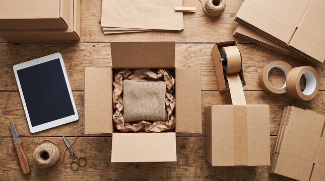 Packing and Shipping Supplies on Wooden Table with Tablet and Box