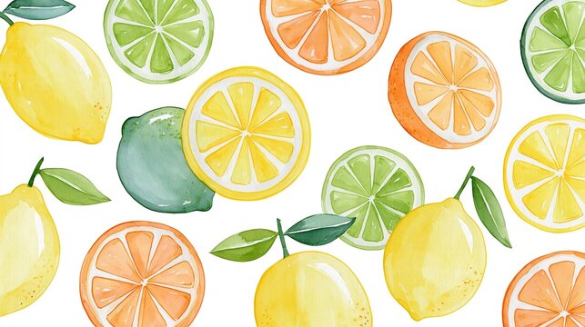 Hand drawn watercolor pattern of mixed fresh citrus fruits including whole and sliced lemon orange lime botanical summer fruit design