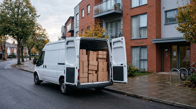 White delivery van with open back doors filled with cardboard boxes parked outside apartment building