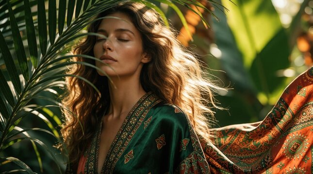 Serene young woman rests amidst tropical green plants. Sunlight filters through large vibrant palms casting beautiful light. Wears elegant patterned kimono, savoring moment of peace in jungle setting.