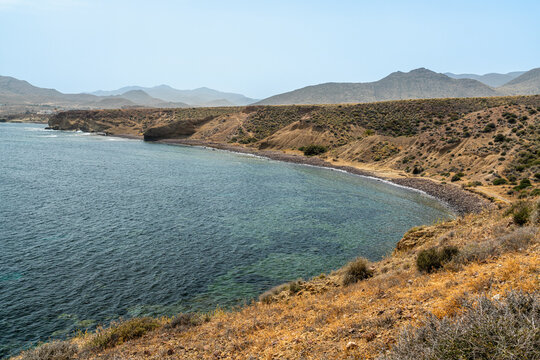 Scenic seascape at La Isleta del Moro, Provinca de Almeria, Cabo de Gata natural park, Spain.