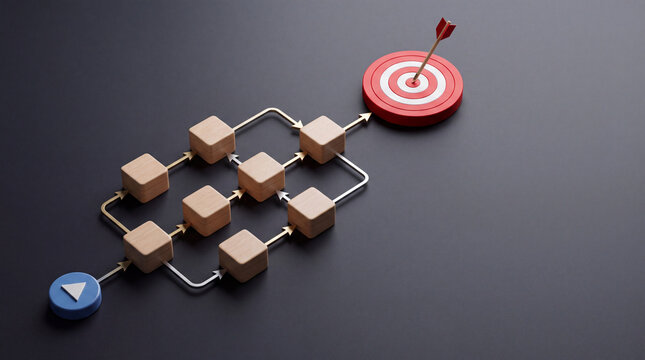 Conceptual 3D rendering of a business workflow flowchart with wooden cubes and arrows leading from a start button to a red bullseye target, representing strategic planning and goal achievement.