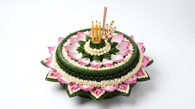Traditional Loy Krathong Festival Offering with Banana Leaves and Lotus Flowers