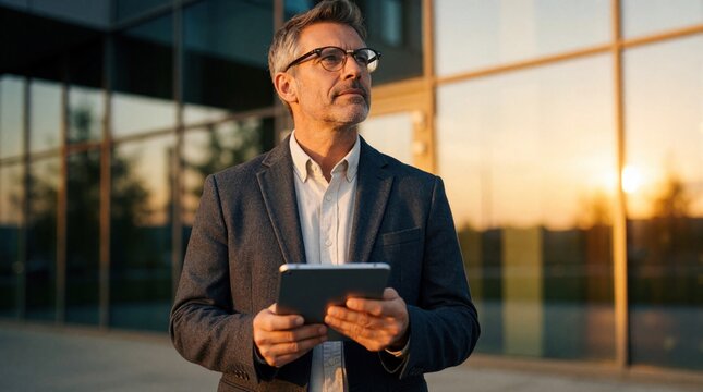 Mature caucasian businessman in smart suit, glasses holds digital tablet outside modern office building. Thoughtful professional man looks away during sunset. Confident entrepreneur uses tech for
