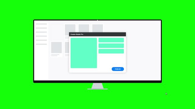 Flat Design Computer Screen with UI Popup Window Animation on Chroma Key Green Background.