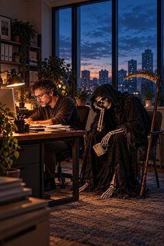 The Grim Reaper waits beside a man working late at the office&mdash;a metaphor for inevitable death, workplace exhaustion, and the fragility of life.