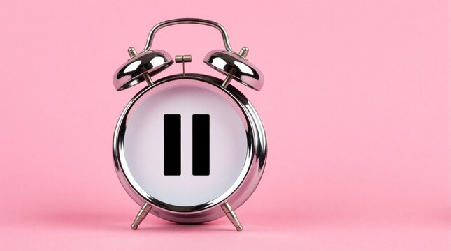 Silver alarm clock with large black pause symbol on white face. Metal object stands on solid pink background. Concept for time management, stopping schedule, taking break from work. Minimalist studio
