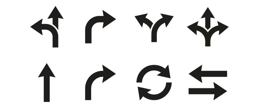 Black direction arrow icon set, navigation road sign vectors, set of 8 curved turn and split pointer symbols for ui graphic design