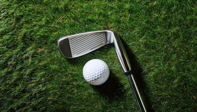 top view of golf ball and putter on green grass