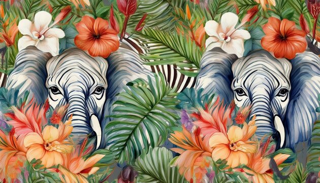 watercolor painting seamless pattern with beautiful tropical flowers and african animals zebra elephant lion