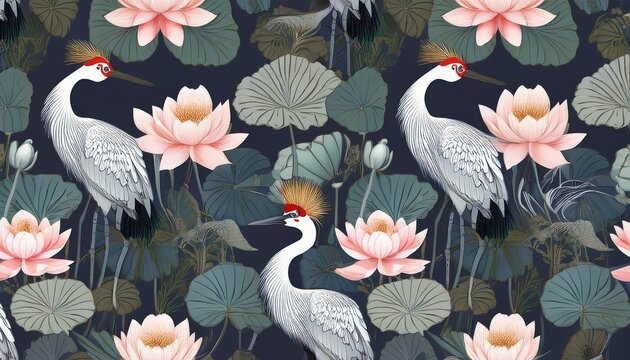 chinese painting seamless pattern with lotus and grey crowned cranes asian style painting